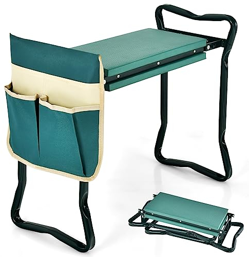 RELAX4LIFE Kniebank für Gartenarbeit, Faltbarer Gartenhocker, Gartenkniebank mit Abnehmbarer Werkzeugtasche, Breite & Dicke Eva-Schaumstoffpolster, Gartenbank bis zu 150 kg, 58x27,5x50cm, Grün