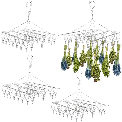 Elesunory 4 Pack Hanging Herb Drying Rack, Stainless Steel with 30 Hooks - Space Saving Herb Dryer for Fresh Herbs, Flowers, Tea & Culinary Herbs - Rustproof Kitchen & Garden Drying Rack
