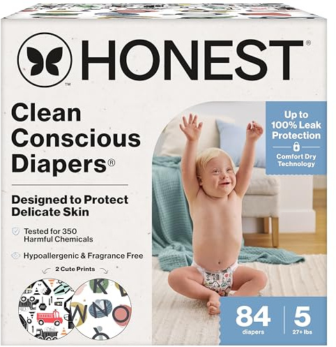 The Honest Company Comfort Dry Disposable Daytime Diapers for Sensitive Skin, Hypoallergenic, Big Trucks + All The Letters, Super Club Box Size 5 (27 lbs), 84 Count