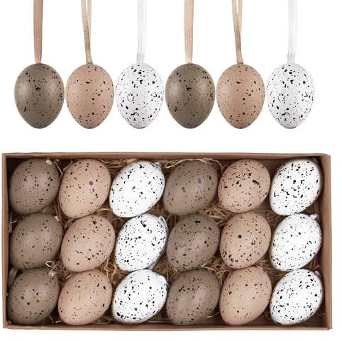 Valery Madelyn 18er Ostereier zum Aufhängen für Osterdeko,4cm Naturfarbene künstliche Mini Ostereier für Ostern Deko,Braun Weiß Ornament für Osterkörbchen Frühlingsdeko,Ostern Geschenke Kinder