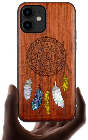 Carveit Étui pour iPhone 11 Coque [Gravure en Bois et Incrustation de Coquille] Cover Compatible avec Apple 11 Etui Bois Luxe et Case (Rosé-L'étreinte de Dreamcatcher)