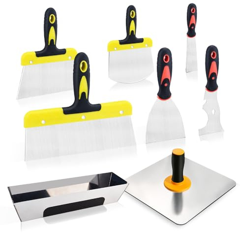 8-teiliges Spachtel Set, Trockenbaumesser-Set, bestehend aus mehreren Modellen von Schabern, Spachtelmessern, Farbschabern und mit Spachtelkasten aus rostfreiem Stahl (355mm Länge)