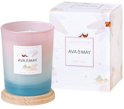 AVA & MAY Bougie parfumée Bora Bora (180 g) – Bougie vegan aux notes épicées de fève de tonka, noix de coco et vanille, bougie artisanale au parfum naturel avec bougeoir en verre