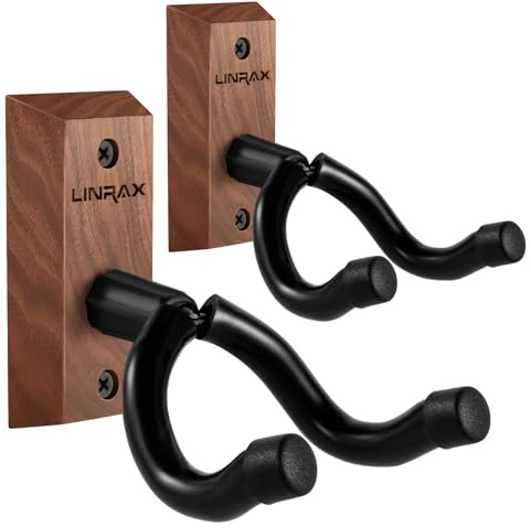 Linrax GH1 Gitarr Väggfäste, 2-Pack Gitarr Vägghängare, Svart Valnöt Gitarrhängare Väggkrok, Gitarrhållare för Akustisk Gitarr Elgitarr Bas Banjo Mandolin, Gitarrkrok Vägghållare, Gitarr Väggstativ