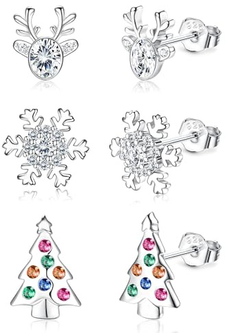 CASSIECA 3 Paare Weihnachten Ohrringe 925 Silber für Damen Mädchen Hypoallergen Ohrstecker Weihnachten Set Weihnachtsmann Schneeflocke Weihnachtsbaum Ohrringe Weihnachtsschmuck (Geschenk Box)