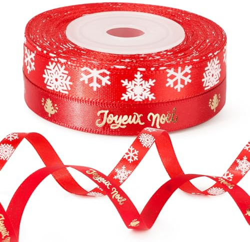 2 Rouleaux de Ruban Satin Joyeux Noël 10 Yards - Flocon de Neige Rouge pour Emballage Cadeau et Décoration