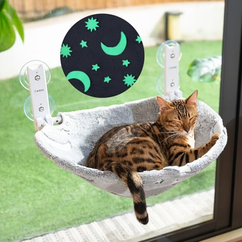 CATISM Faltbare Katzen Hängematte mit Leuchtende Sterne und Mond Bis zu 20kg, Katzen Fensterliege Fensterplätze mit Starken Saugnäpfen, Waschbarer Stoff, Leuchtende Katzenbett für Katze(50x36.5cm)
