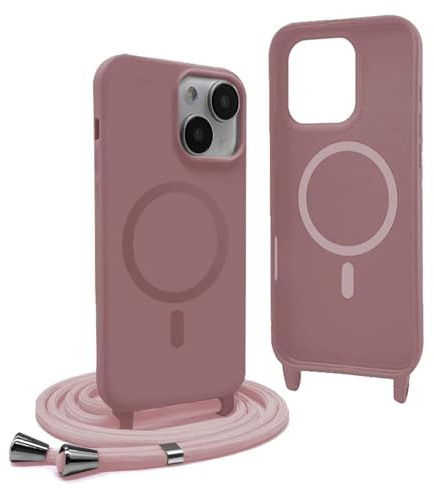 Magnetica Cover per iPhone 13 Mini con Cordino,Compatibile con MagSafe,Silicone Case con Regolabile Cordino da Collo Nylon Catena Collana Tracolla - Rosa Gold