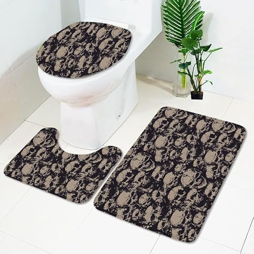Badezimmerteppich Beige Brown Horror WC Vorleger mit Ausschnitt WC Deckelbezug 3 Teiliges WC Teppich rutschfeste Badgarnitur U förmiger Badematte Waschbar Bad Teppiche Set 50x80 cm