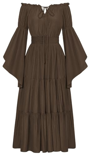 Damen Renaissance Corsagenkleid Schulterfrei mit Tasche Flowy Swing Ballkleid Dunkelbraun M