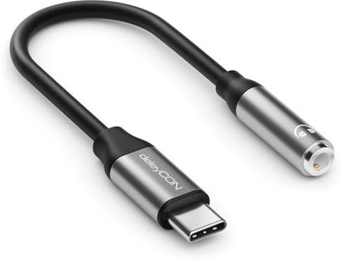 deleyCON USB-C 3,5mm Audio Adapter ALU DAC-Chip TRRS - Schwarz Grau | USB Typ-C Stecker zu Klinkenbuchse, kompatibel mit Smartphone, Tablet, Kopfhörer und Lautsprecher