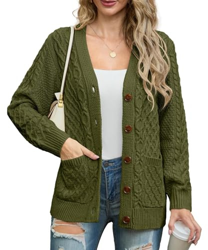 GRECERELLE - Cardigan da donna, lavorato a maglia, stile Aran, a maniche lunghe, con bottoni, taglia forte, con tasche, per inverno, autunno, primavera, Verde militare, L