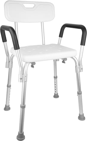 Shower Chair, 6 Height Adjustable Shower Bench with Back & Armrest, Non-Slip Padded Seat for Elderly, Disabled, Pregnant, Adults – Maximum 136kg Capacity