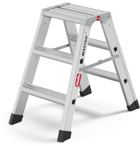 Hailo Master D80 Aluminium Doppelstufen-Trittleiter – beidseitig begehbare Klappleiter - große Standfläche & breite Rutschhemmende Stufen - 2 x 3 Stufen - EN 14183 geprüft - belastbar bis 150 kg