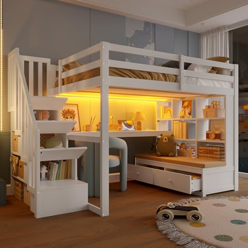 WIZBED Hochbett 140x200 mit USB Steckdose&LED&Schreibtisch&Sofa, Kinderbett Etagenbett mit Stauraumtreppe und Regalen, für Kinder, Jugendliche und Erwachsene, ohne Matratze, weiß