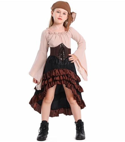 DaPongZhi Abito da Pirata per Bambini Costume Carnevale Ragazza con Camicia,Gonna,Foulard Costume Pirata Perfetto per Carnevale Giochi di Ruolo e Feste a Tema con Avventura e Mistero