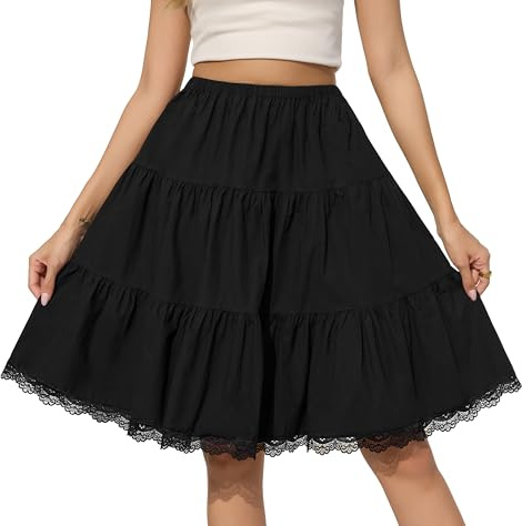 Vlazom Gonna Midi Donna in Cotone Orlo in Pizzo e Vita Elastica Morbida e Confortevole Tinta Unita ed Elegante，Nero，S/M