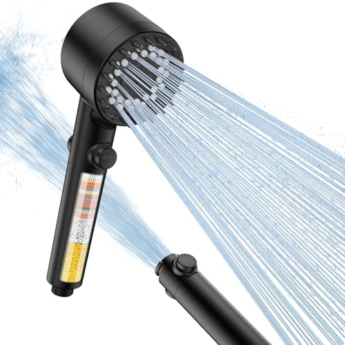 FEELSO High Pressure Filter Shower Head with Anti-Clog Nozzles,4 Modes | Powerful Handheld Shower Head with 15 Stage Filter for Hard Water UK, Massage Brush, for Residual Chlorine Remove, Black