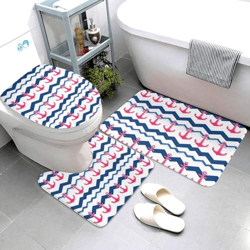 Nevjipu Set di 3 tappeti da bagno con stampa di onde di ancoraggio, antiscivolo, lavabili, a forma di U, morbidi tappetini da doccia per WC e vasca da bagno