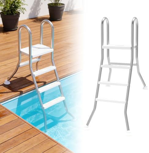Froadp Poolleiter Edelstahl 3 Stufen - Edelstahl mit Rutschfesten Kunststoffstufen - 150kg Tragfähigkeit - für Teilversenkte Pools bis 115 cm Tiefe - Silber und Weiß - Stabil, Leicht zu Montieren