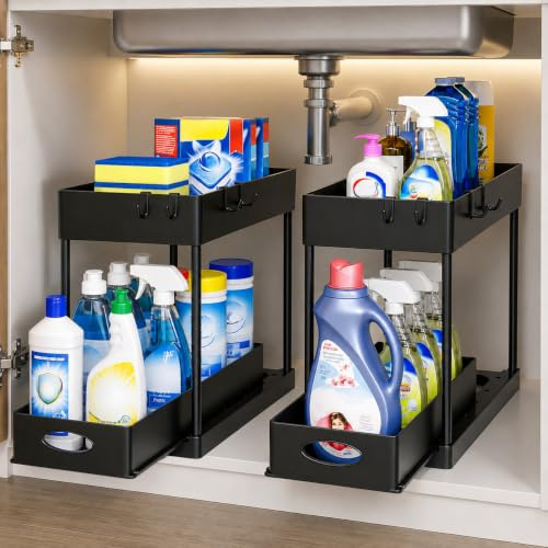 umvo Under Sink Storage 2 Pack, 2 Tier Pull Out Under Sink Organisers with 4 Hooks, Sliding Kitchen Cupboard Organiser for Cleaning Products, Black