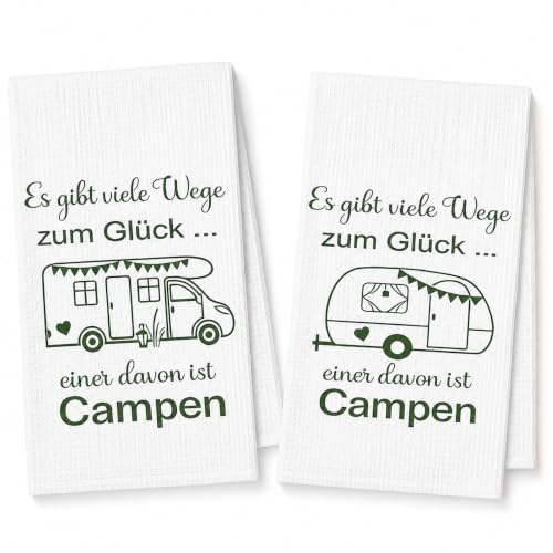 YJAUBKJOG 2 Stück Camping Geschenke Geschirrtücher Set, 60x40cm Lustiges Camping Handtuch Mikrofaser für Camper, Wohnwagen Deko und Wohnmobil Gadgets, Trockentücher für Outdoor Urlaub Männer Frauen