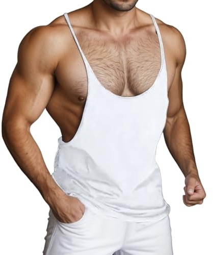 Camiseta Hombre sin Mangas con Doble Tirante Fino, Color Liso, Espalda Profunda, Ropa Deportiva Informal de Verano para Hacer Ejercicio (White, XL)