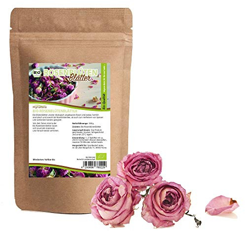 Mynatura Bio Rosenblütenblätter getrocknet 100g I Tee I Wellness I Essbar I Rosenblütentee I Naturprodukt I Deko I Naturkosmetik I Vegan I DE-ÖKO-044 I 100g