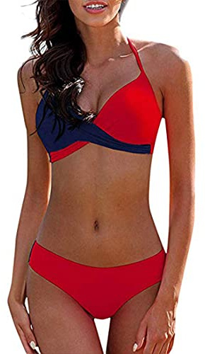 CheChury Damen Bademode Push Up Bikini Set Zweiteilige Badeanzug Strandkleidung Crossover Neckholder Triangel Oberteil Bikinihose Sexy Halter,Rot,XL