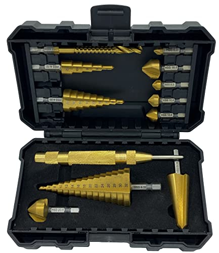 NordWolf 12-Piece HSS Titanium Metric Step, Countersink, Cone Drills with 1/4 Hex Shank, Multi Drill Saw & Automatic Center Punch Combination Set in Storage Case