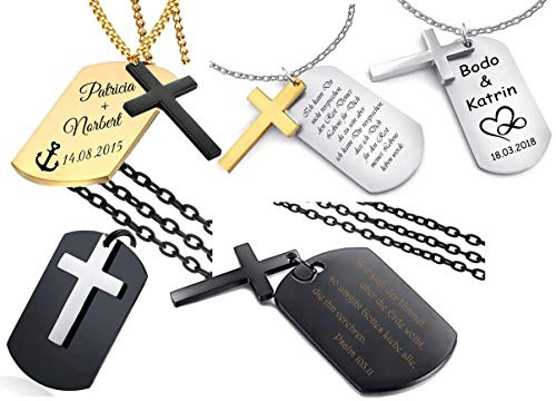 aplusashop ID Dog Tag + Kreuz Anhänger + Kette + Gravur nach Wunsch Verschiedene Modelle (Kreuz Schwarz, Dog Tag Schwarz)