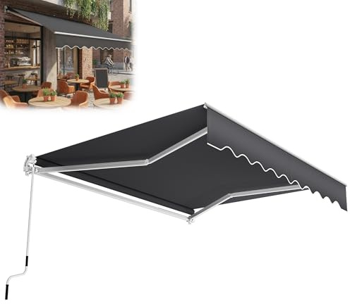 XMTECH Gelenkarmmarkise 3,6 x 3 m, Markise mit Kurbel, Terrasse, Dunkelgrau | 280 g/m² Polyester-Gewebe mit PU-Beschichtung, wasserabweisend, stufenlos verstellbarer Neigungswinkel, Aluminiumrahmen
