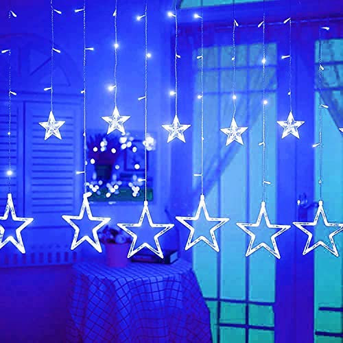 KINGCOO 138LED Vorhanglichter, 2,5 m 12 Sterne Solar Fenstervorhang Eiszapfen Innen Außen Fee Lichterkette Fernbedienung für Festival Weihnachten Hochzeitsfeier Garten Schlafzimmer Deko (Blau)