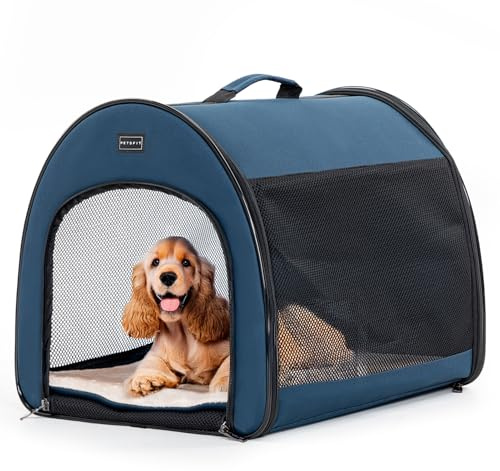 Petsfit Hundbur, vikbar, bärbar och andningsbar hundlåda för hemmet med välvd design, rumsnyckel, hund, sovlåda med anti-öppen dragkedja och plyschkudde, M, blå