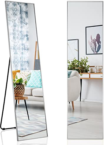 RELAX4LIFE Ganzkörperspiegel 160 x 40 cm, 2-in-1 Standspiegel & Wandspiegel, Ankleidespiegel groß mit Aluminiumrahmen & Hartglas, moderner Spiegel für Wohnzimmer, Schlafzimmer, Garderobe, Silber