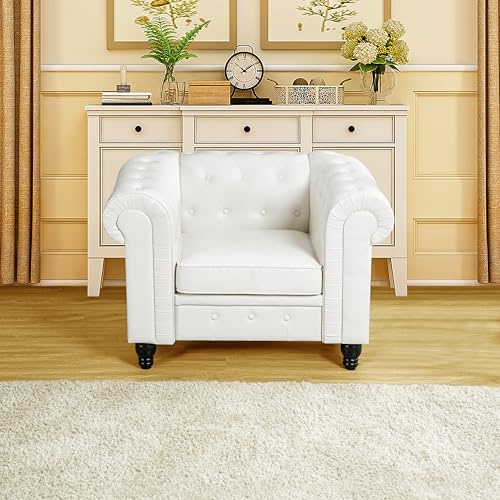Emery Chesterfield Single Sofa Chair for Living Room, Mid Century Chair Rolled Arms, Tufted Cushion, Solid Wooden Legs Reading Chairs for Bedroom Comfy Easy Tool-Free Assembly, Off White, Air Leather