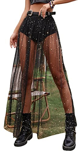 GORGLITTER Women's 2 in 1 Glitter Star Sheer Mesh A Line Maxi Skirt High Waist Galaxy Mesh Sexy Swing Long Skirts Black S