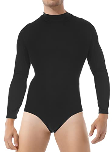 TiaoBug Herren Latein Body Langarm Oberteil Hemd mit Kragen Ballettanzug Stringbody Ballett Trikot V-Ausschnitt Gymnastik Leotard Glänzend Kostüm Schwarz E M