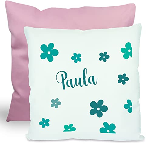 CreaDesign, Kinder Kissen 40x40 cm personalisiert mit Namen, Kinderzimmer Deko Kissen Kinder mit Füllung Federn, Motiv Blumen türkis, Rückenfarbe Rosa