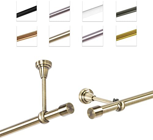 MDEKOR Gardinenstange 280 cm einläufig | Vorhangstange für die Wandmontage oder Deckenmontage Antik Gold aus Metall | Gardinenstangenset Ø 19mm