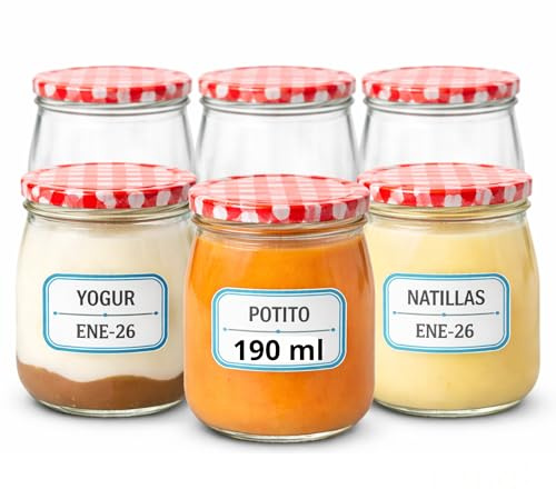 6 Vasos de Yogur y Postre de Vidrio de 190 ml con Tapa Metálica Hermética de Rosca - Perfecto para Yogur, Natillas, Pudding, Potitos - Tarro Apto para Microondas y Lavavajillas - Incluye Etiquetas