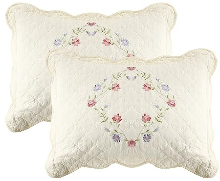 vctops 2-Piece Elegant Floral Embroidered Pillow Shams Queen Size 100% Cotton Quilted Decorative Pillow Shams Set (Cream B,20x28)