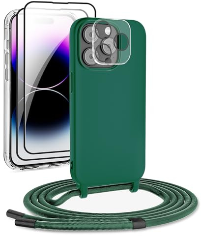 DiDaDi Handykette kompatibel mit iPhone 12 Pro Max Hülle,Handyband Necklace Hülle mit Band Handyhülle für zum Umhängen Silikon Case mit Schnur Schutzfolie und Kameraschutz in Dunkelgrün