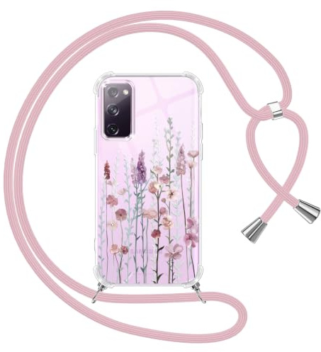 Yoedge Handyband Handyhülle für Samsung Galaxy S20 FE(4/5G) 6,5 Hülle mit Band, Silikon TPU + PC Stoßfest Schutzhülle mit Kordel zum Umhängen, Durchsichtig Case mit Aesthetic Muster,Blumen 3
