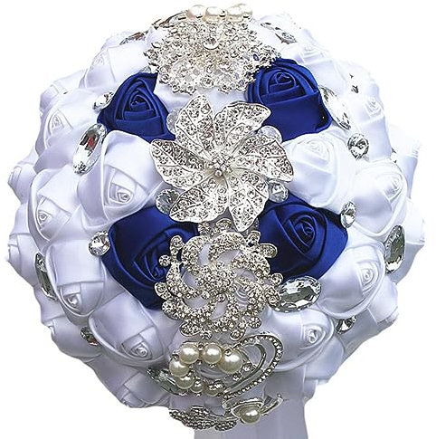 DBDJWHJ Hochzeitsaccessoires, königsblauer weißer Blumenstrauß für Hochzeit, Party-Dekoration, handgefertigte Braut- und Brautjungfern-Handblume, königsblau, weiß, 5–21 cm Durchmesser