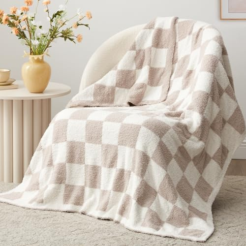EXQ Home Checkered Throw Blanket, Knitted Blanket with Checkerboard Grid Pattern, Soft Cozy Fluffy Blankets for Couch Bed Sofa, Warm Fuzzy Plaid Blanket for All Seasons (Taupe, 50×60)