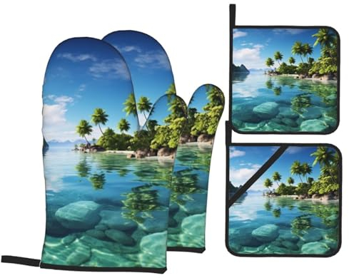 Ofenhandschuhe Topflappen Set Schöne Insel Im Meer Druck Grillhandschuhe Mit Innere Baumwollschicht Hitzebeständige Kochhandschuhe, Für Küche, BBQ