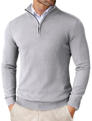 COOFANDY tröja herr 1/4 dragkedja hals polotröja turtleneck stickad tröja finstickad tröja vintertröja långärmad lätt arbetströja, LJUSGRÅ, M