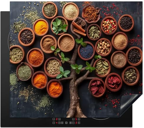 KitchenYeah© Herdabdeckplatte Einteilig Herdabdeckung Abdeckplatte für | 60x52 cm - Ceranfeld Abdeckung Induktionskochfeld Aufrollbare Matte Kräuter - Baum des Lebens - Küche - Kochen