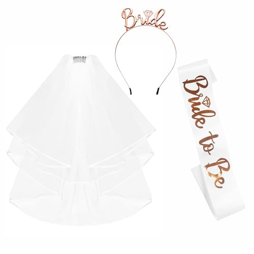 Bride to Be Sash and Bride Tiara Veil Hen Party Accessories Set, Wedding Bride Sash and Veil Tiara Headband Hen Do Accessories for Wedding Bridal Shower Hen Party Decorations White